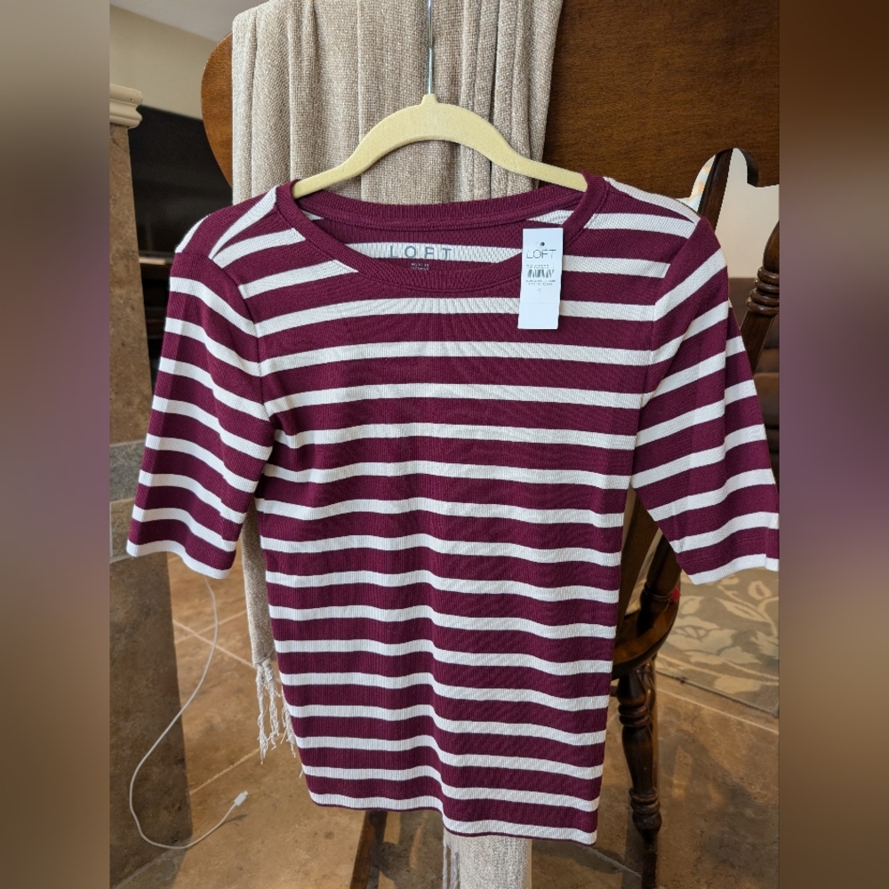 LOFT Striped Crewneck Tee in Burgundy and Cream